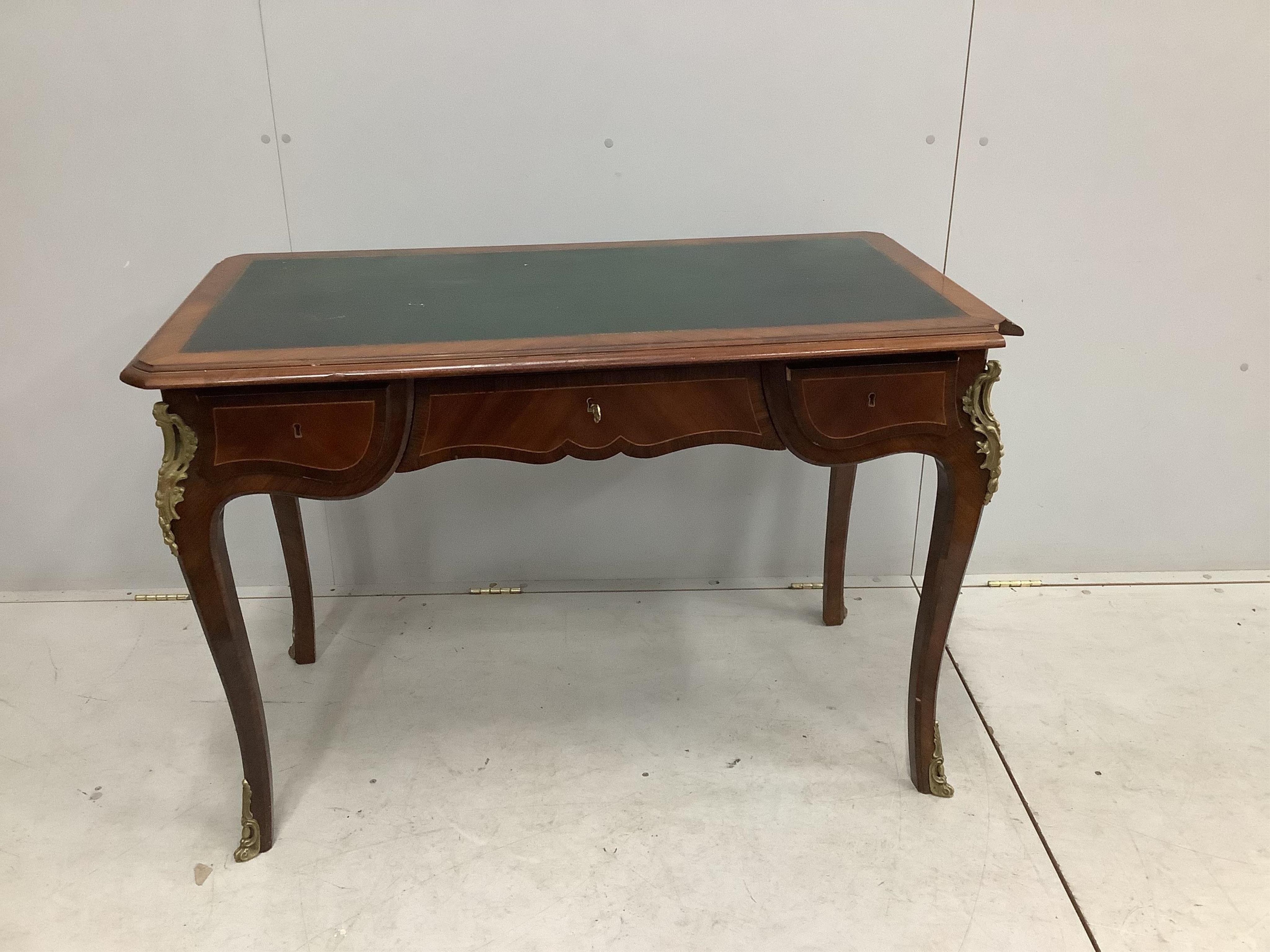 A French gilt metal mounted kingwood bureau plat, width 113cm, depth 60cm, height 77cm. Condition - fair, pieces of corner moulding are missing